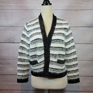 CALVIN Klein Fuzzy Striped Cardigan Sweater White and Black